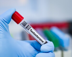 Blood sample tube for testosterone test analysis. © kitsawet