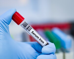 Obraz premium Blood sample tube for serum iron test analysis.