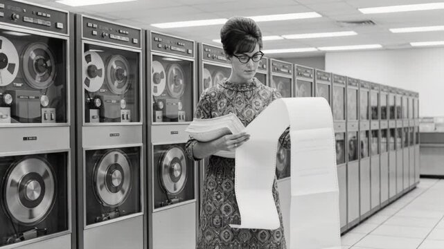 Vintage woman in 1960s attire reading long data printouts in a mainframe computer room. Female technician analyzing results near tape drives. Retro business and technology concept