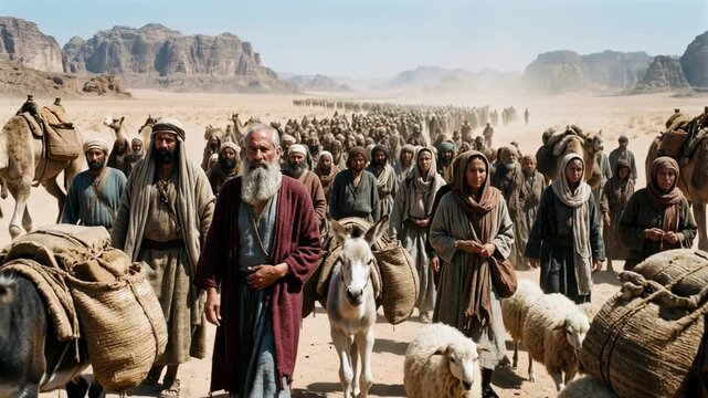Large crowd of people walking through a desert landscape during a migration. Ancient biblical exodus scene with an elderly leader, donkeys, and sheep. Historical journey concept