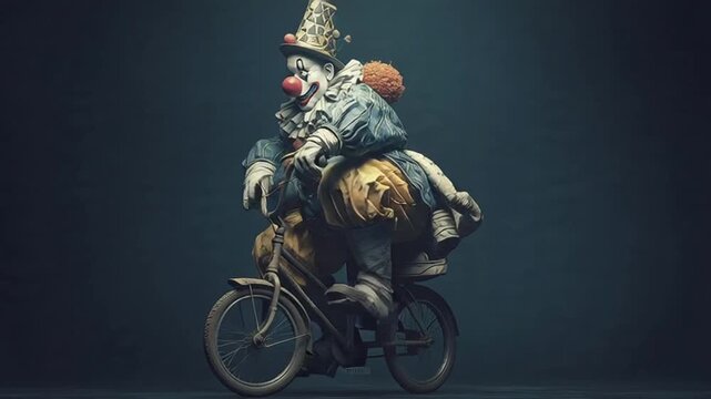 Clown Riding a Vintage Bicycle Through Darkness, a Whimsical and Slightly Creepy Performance