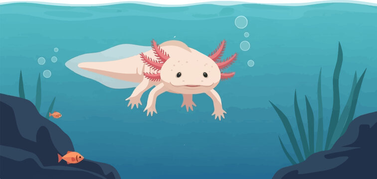A cheerful pink axolotl swims through blue underwater scenery with tiny fish and plants