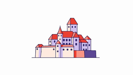 Fototapeta premium A charming, stylized illustration of a medieval castle with red roofs and purple walls