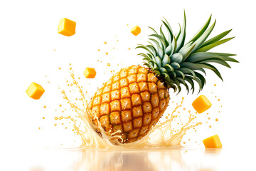 Ripe pineapple with mango cubes splashing in fruit juice isolated on white background