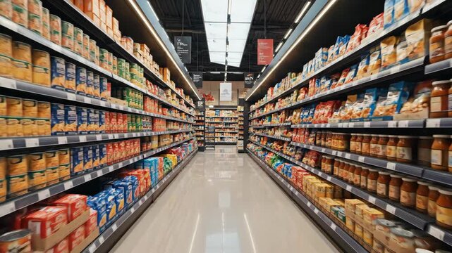 Aisle of Grocery Store With Shelves Full Of Products And Food Items Under Bright Lighting