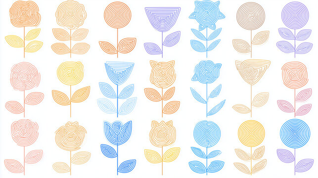 Flowers editable stroke outline icons set isolated flat vector illustration. ai generated