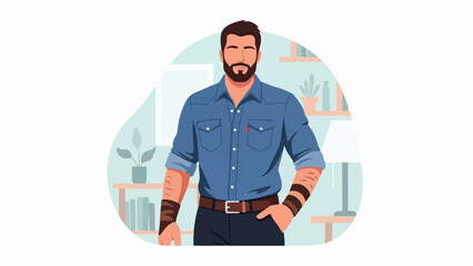A bearded man in a blue shirt and dark pants stands with his hand in his pocket © nora