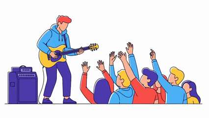 A musician plays guitar for an enthusiastic audience with hands raised