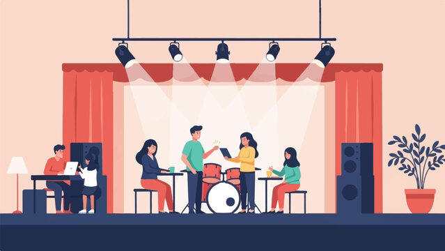 A band practices on a stage with spotlights and red curtains