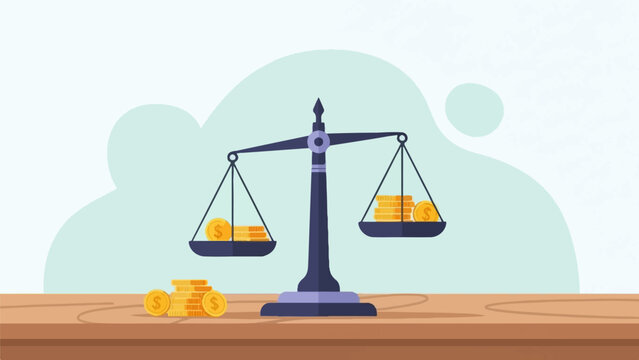A balance scale holds stacks of coins, some placed on the table below