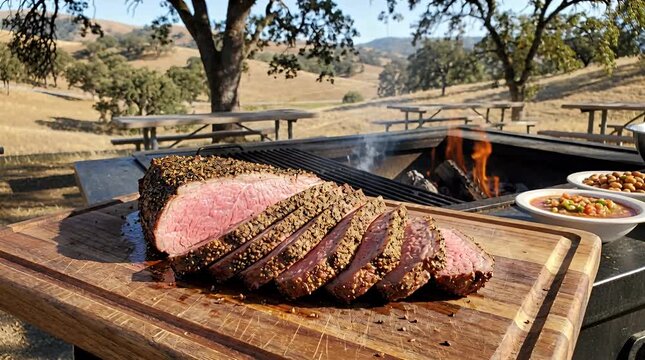 Deliciously seasoned roast beef sliced on a cutting board outdoors with a campfire in the background.