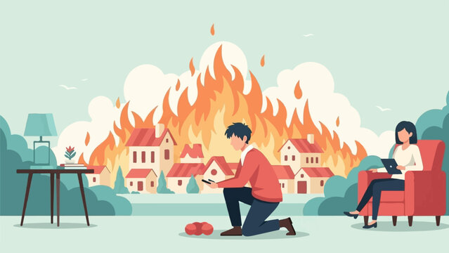 A man kneels with a phone as houses burn, while a woman relaxes in a chair with a tablet