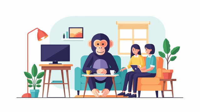 A chimpanzee sits in a living room with two women, one holding a tablet