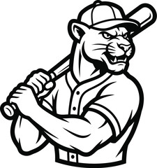 Fototapeta premium Aggressive Panther Baseball Player Mascot Holding Bat, Vector Art