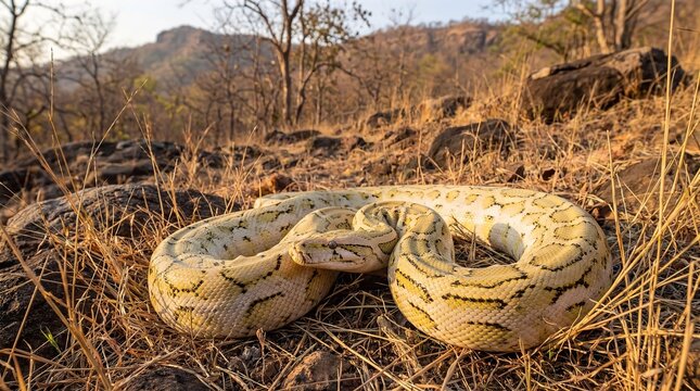 Indian Python Gir National Park, Dry Grass Landscape