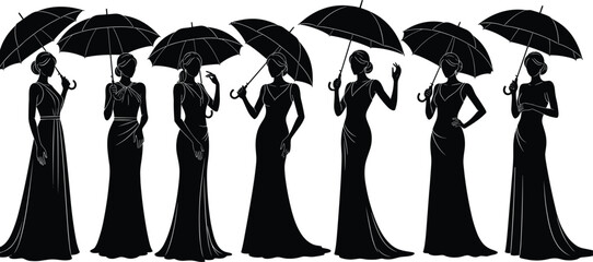 Elegant women with umbrellas silhouette, fashion pose set, black vector illustration, editable design, isolated graceful style icons
