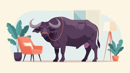 A large, dark purple water buffalo stands indoors next to a chair and plants © Anak