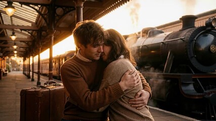 Couple embracing on a vintage train platform at sunset. Man and woman hugging near a steam locomotive with a suitcase. Romantic farewell or reunion at a historic railway station. Cinematic zoom out