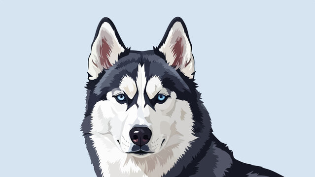 A close-up, stylized portrait of a husky dog with striking blue eyes on a pale blue background