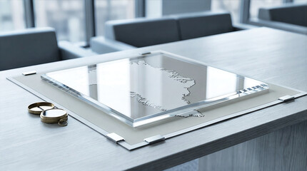 Clear acrylic shield with Greenland map and brass compass on office desk. Arctic sovereignty and geopolitical security concept. Strategic planning in modern corporate boardroom