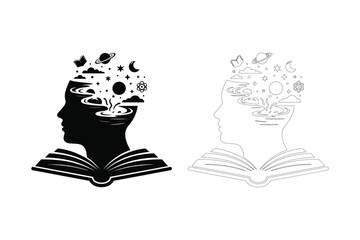 Knowledge and imagination concept illustration with human head and open book