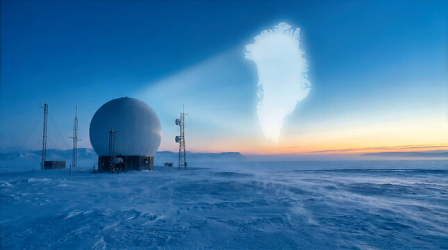 White radome and communication towers in snowy arctic landscape. Glowing map of Greenland projected in the sky. Surveillance and sovereignty security concept