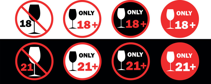 Flat icons, a set of prohibition signs, age restrictions for alcohol sales, warning signs: 18+ only, 21+ only. An image of a wine glass in a circle, a strikethrough line, a red circle, for bars 