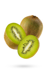 Fototapeta premium Freshly cut kiwi fruit halves soar with bright green flesh, tiny black seeds, closeup, isolated on white background. Great for summer detox menu, vitamin product promotion, design, label, poster.
