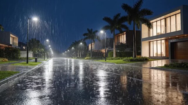 Rainy Night in Suburbia - A Peaceful Evening Scene.