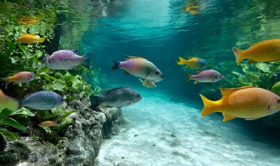 fish swimming through a jungle river hidden by crystal-clear water