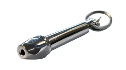 A shiny metal keychain with a cylindrical body and a ring attached to the end