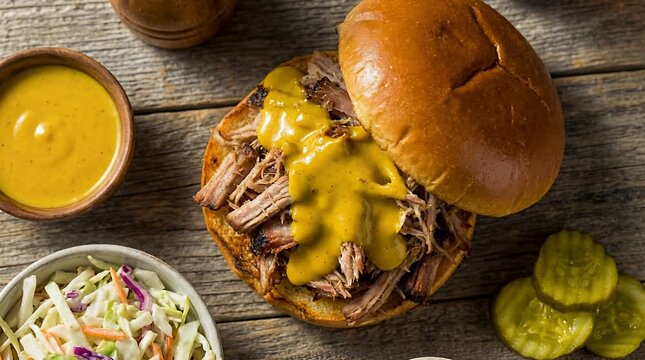 Hearty pulled pork sandwich with creamy coleslaw and pickles, barbecue meal. pulled pork sandwich, bbq.