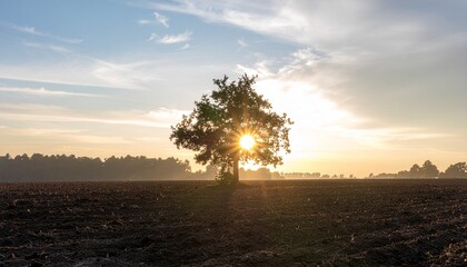 Fototapeta premium Single Tree Silhouetted by Sunrise in Open Field