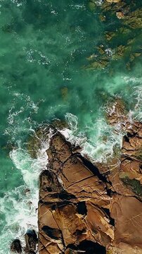 Dark rocky shoreline and ocean water viewed from above, Ancora, Portugal
