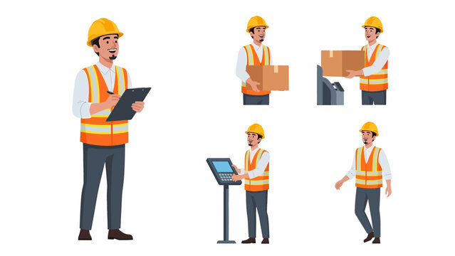 Set of illustrations depicting a male construction or warehouse worker performing various tasks in safety gear.