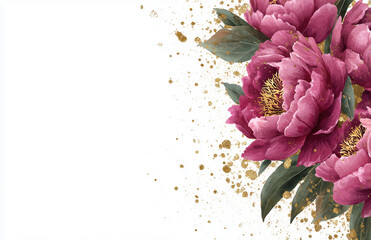 Bright pink peonies with gold splashes on a white background for decoration or design