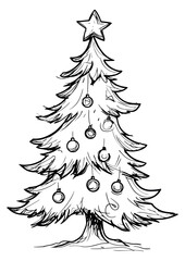 Obraz premium Hand drawn line art illustration of a Christmas tree depicting ornaments and a star for holiday celebration