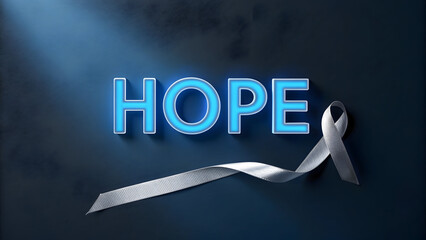 Hope Typography with Awareness Ribbon on Blue Background