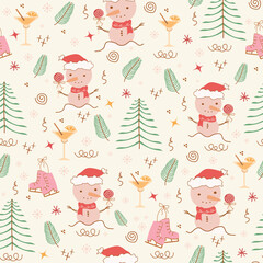 snowman, hat,  concept winter, seamless pattern. Fir tree, glass, dots, snow,  line drawing. design, isolated elements on pink background. Simple conceptfor paper, banner, print. vector art illustrati