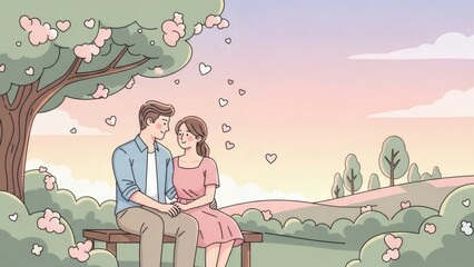 Cute Romantic Illustration of a Couple Sitting Together in Peaceful Garden, Subtle Heart Shapes Floating Naturally, Pastel Sky