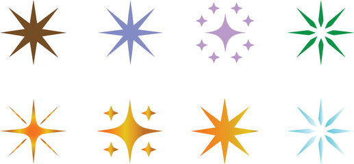 Fototapeta premium Various abstract star and sparkle shapes rendered in different solid colors and sizes suitable for decorative accents in digital media.