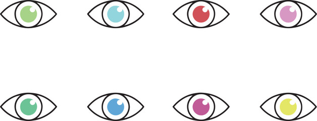 Assortment of stylized human eye symbols featuring different iris colors including green, blue, red, and pink for visual design projects.