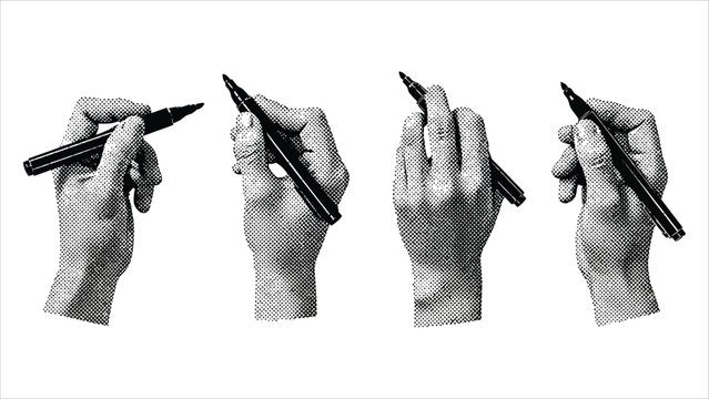 Hands Holding Marker Set &ndash; Transparent Vintage Halftone Stipple, Retro Style.