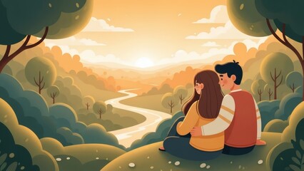 Romantic Flat Illustration of a Couple Enjoying a Quiet Moment in Nature, Warm Tones, Rounded Character Design, Flowing Landscape Shapes