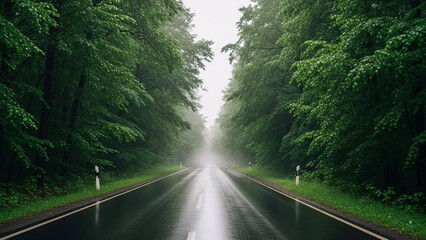 Misty forest road after rain, a wet asphalt path winding through towering green trees, creating a natural tunnel and a serene, captivating journey into nature's heart