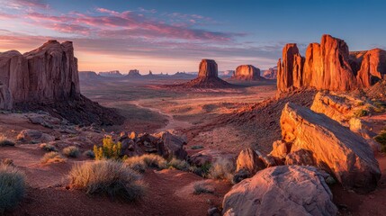Warm sunrise over Navajo lands: Hunts Mesa desert landscape with iconic red rock formations