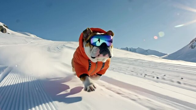 4K HD cinematic video of a muscular bulldog skiing down sunlit snowy mountain slope, wearing vibrant ski jacket reflective ski goggles, dynamic angles close-ups on face paws, wide aerial shots of snow