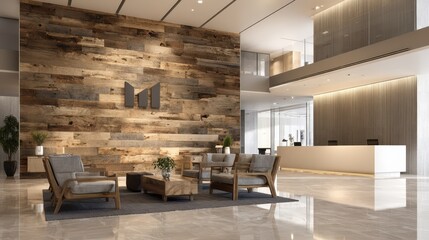 Warm wooden lobby with a clean logo placeholder on a corporate wall
