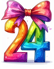 Number 24 wrapped with a festive ribbon on a white background. Image for birthday or anniversary party