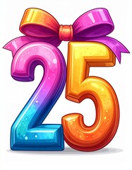 Number 25 wrapped with a festive ribbon on a white background. Image for birthday or anniversary party